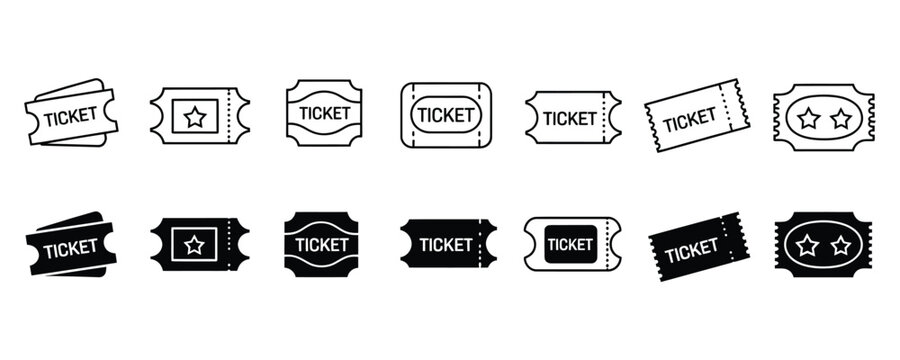 Various ticket icons in black and white for event or admission use