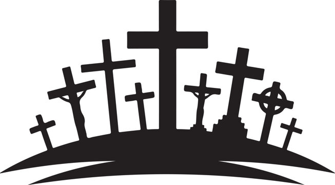 Silhouette of multiple crosses on a hilltop at cemetery
