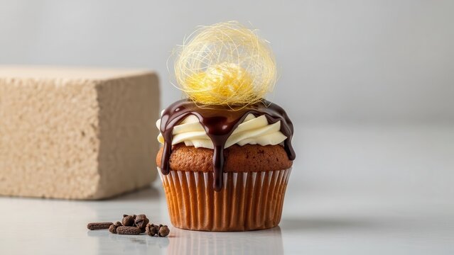 Gourmet chocolatedrizzled cupcake topped with a delicate spun sugar nest, presented next to a textured beige block on a reflective surface