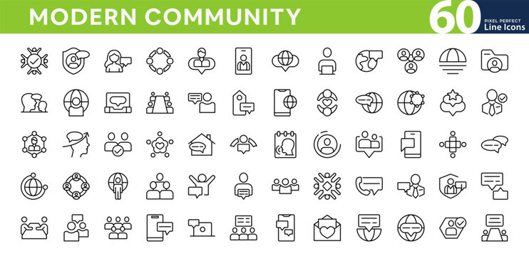 Modern Community line icon set. Neighborhood, friendship, family, love, teamwork, team building, leadership, unity, coworker outline icons. Editable vector stroke