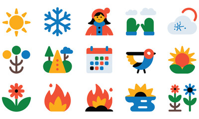 Fototapeta premium Collection of seasonal icons depicting various weather conditions and activities throughout the year in a vibrant and colorful illustration style perfect for seasonal projects.