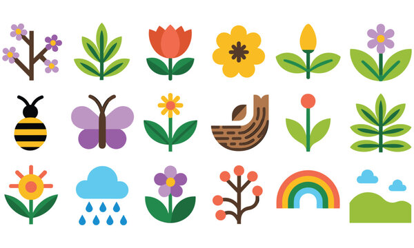Collection of colorful nature elements including flowers, leaves, insects, and weather symbols in a modern flat design style for various creative projects and educational materials.