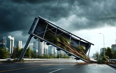Obraz premium Massive Billboard Structure Toppled Across Roadway