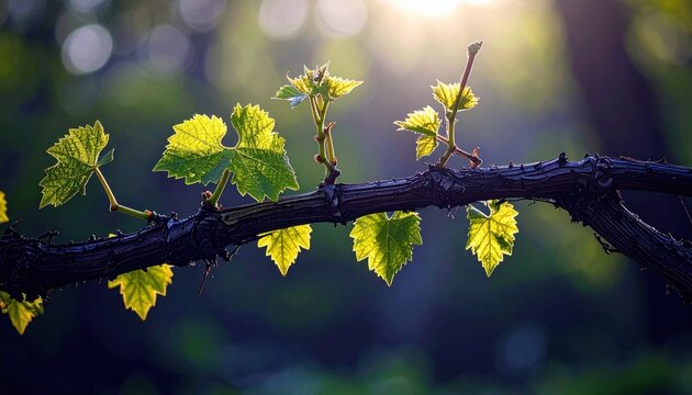 Young grape vine shoots with vibrant green leaves emerging on a dark branch in soft sunlight, showcasing new growth.