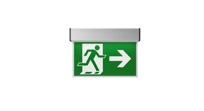 A green and white exit sign with an arrow pointing to the right