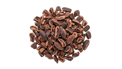 Isolated cacao nibs in a pile, a flavorful ingredient used for food and confectionary uses