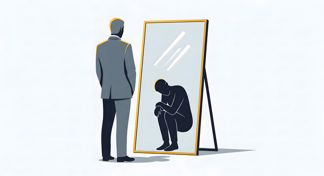 Man in suit looks at mirror with reflection of sad man, symbolizing impostor syndrome