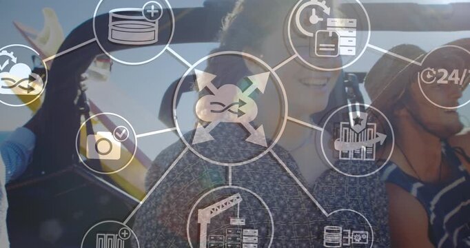 Animation of connected icons over cheerful diverse friends enjoying breeze by car