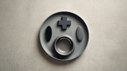 Pet health kit flat lay with stainless bowl and medical cross on minimalist tray for veterinary design background