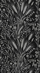 Pionowy wzór bezszwowy przedstawiający wysokie trawy, kłosy i drobne kwiaty. Tapeta, tło z motywem roślinnym