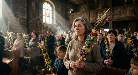 Wnętrze kościoła wypełnione wiernymi, którzy trzymają palmy w dłoniach. Obchody Niedzieli Palmowej