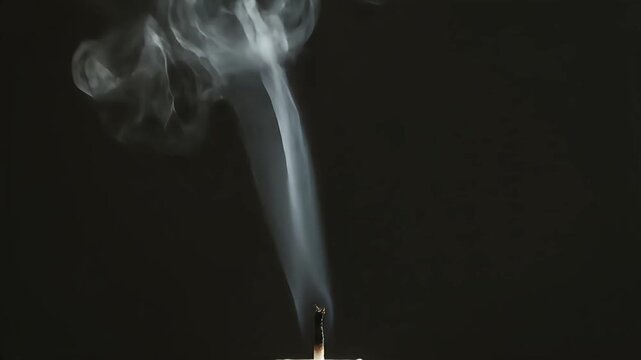 A thin, white plume of smoke rises vertically from an extinguished candle wick against a dark black background, creating an ethereal effect.