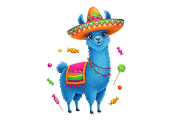 Fototapeta premium Vibrant blue llama wearing sombrero and colorful decorations for fiesta