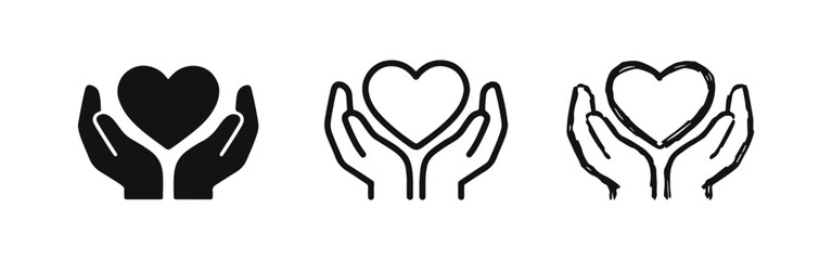Obraz premium Hands Holding Heart Care Icons. Love Support Compassion Vector Symbols Set for Charity, Health, and Protection