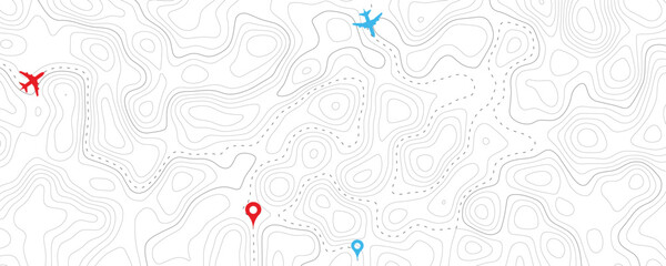 Topographic map with travel routes marked by airplanes and pins, showing elevation and terrain features © VxGFX