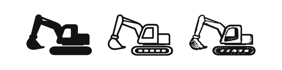 Excavator Icons Collection: Solid, Outline, and Hand-Drawn Sketch Styles for Digger Machines and Earthmoving Equipment © drawing lines