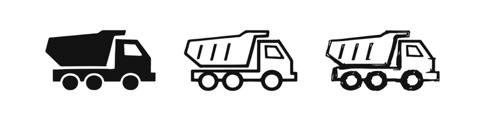 Dump Truck Icons Set: Solid, Outline, and Hand-Drawn Sketch Styles for Haulage Vehicles and Construction Transport © drawing lines