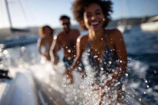 Cheerful companions bask in the sun while joyfully splashing water on each other aboard a sailboat, showcasing the essence of summer fun and camaraderie.
