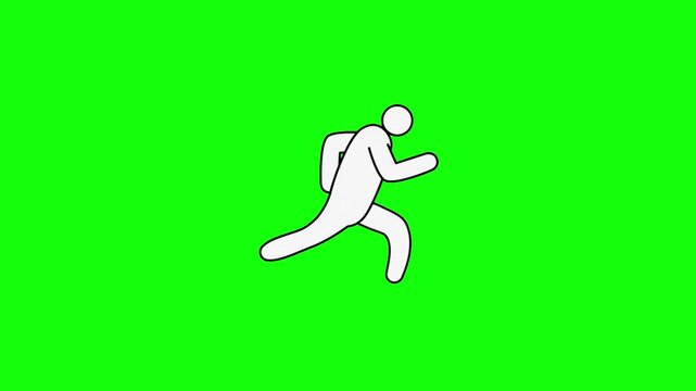 Looping 2D animation of a minimalist white person icon running smoothly on bright green chroma key background &mdash; arms pumping back and forth in rhythm, legs alternating in a clean running cycle.