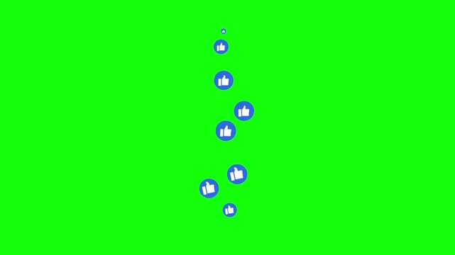 Looping 2D animation of multiple blue Facebook Like icons (thumbs-up) floating upward on bright green chroma key background &mdash; various sizes rising smoothly from bottom to top.