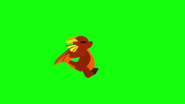Looping 2D animation of a cute orange cartoon dragon flying in place on bright green chroma key background &mdash; wings flapping smoothly, head tilted forward, continuously breathing a stream of fire.