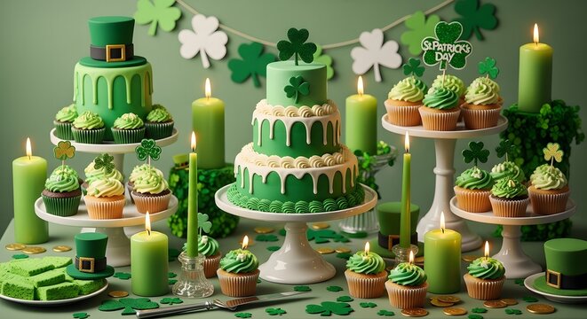 St patrick's day green dessert table with shamrock cakes and lucky irish treats for a festive holiday celebration