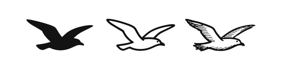Flying Bird Icon Set. Hand Drawn Silhouette, Outline, and Sketch Style Vector Illustrations of a Soaring Seagull or Dove. © drawing lines