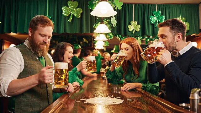Friends cheering and drinking beer at an Irish pub on St Patrick's Day with a lively parade crowd in the background, celebrating with green attire and shamrocks.