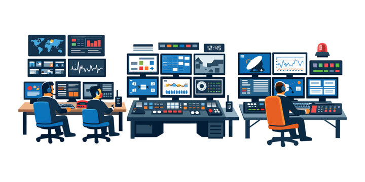 People working in a command room, monitoring multiple screens, analyzing data, and managing operations for security and control