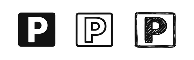 Parking Sign Icon Set: P Symbol in Square Frame for Automotive, Transportation, and Traffic Navigation