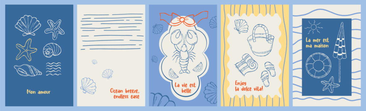 Retro summer card Set. Dolce vita aesthetics Hand drawing. Isolated Mediterranean Posters with French and English beach quotes. Vector outline Vintage vertical marine vacation illustration