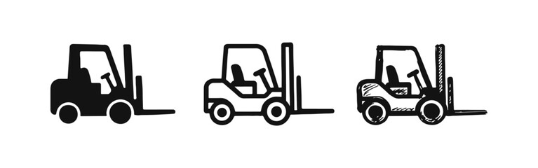 Forklift Truck Icons Set: Solid, Outline, and Doodle Styles for Warehouse and Logistics Operations © drawing lines