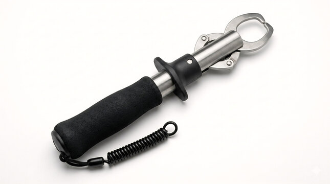 Professional product photo of a mechanical fishing lip grip tool with black EVA foam handle, isolated on white.