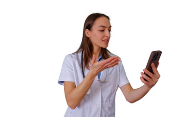 Fototapeta premium Female doctor providing telehealth consultation on smartphone, tele medicine video call with transparent background
