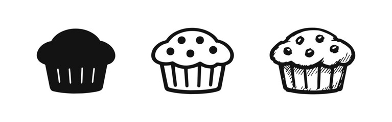 Muffin Icon Set. Black and White Outline and Hand-Drawn Sketch Illustrations of Sweet Baked Good.