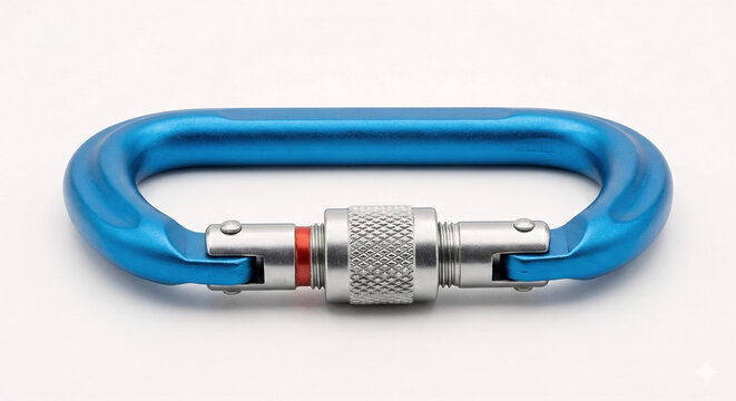 Macro photograph of a blue anodized rock climbing locking carabiner with a screw-lock mechanism, isolated on white.