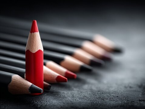 Red Pencil Standing Out Among Black Pencils in Workspace