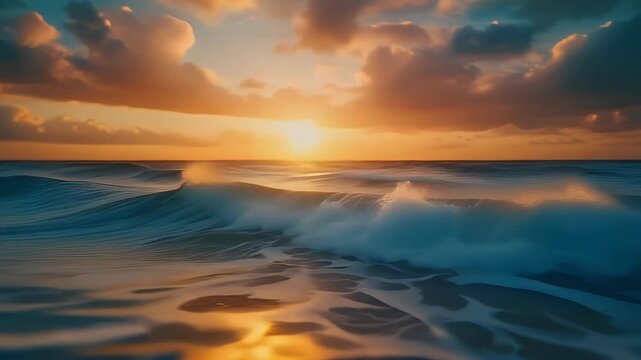 A breathtaking view of a vibrant sunset over a turbulent ocean, showcasing the interplay of light and water in a dramatic and serene landscape.