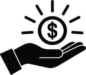 Hand holding shiny dollar coin silhouette. Financial wealth vector illustration.