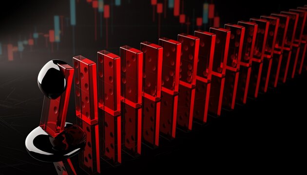 Conceptual 3D illustration of a black oil drop hitting red dominoes against a stock market chart representing the domino effect of energy crisis on global economy