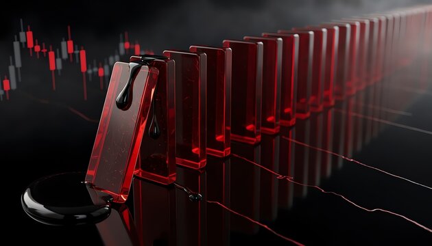 Conceptual 3D illustration of a black oil drop hitting red dominoes against a stock market chart representing the domino effect of energy crisis on global economy