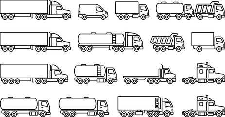 Large Heavy Truck and Logistics Line Icon Set Featuring Semi Trailers, Tanker Trucks, Delivery Vans, and Dump Trucks for Freight Shipping and Cargo Transportation Graphic Designs © Sharifa