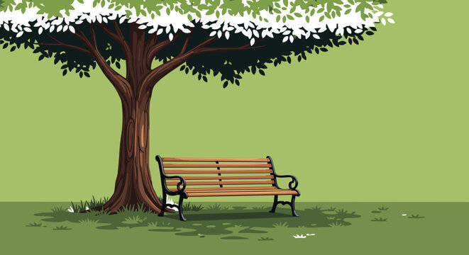 Park Bench Under a Tree: Serene Spot for Relaxation, Conceptual Nature Illustration isolated on transparent background for Summer, Spring Designs and Peaceful Landscapes.