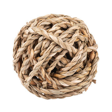 Wicker straw ball-shaped toy for rodents, rabbits, and hamsters, isolated on a white background