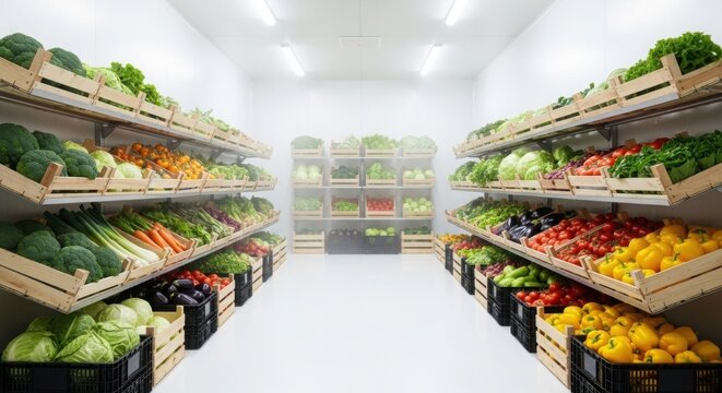 Industrial cold storage room with fresh vegetables, commercial walk-in refrigerator for produce, organized grocery warehouse with wooden crates isolated PNG with Transparent Background
