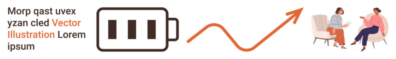 Business growth, productivity, energy management, teamwork, strategy, communication. Battery icon, upward arrow two people conversing. Business growth and productivity
