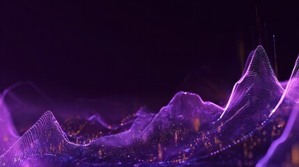 Glowing purple waves show complex money data. Analyzing it with modern graphics reveals business insights.