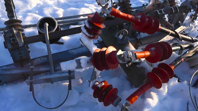 Top down cinematic view of railway overhead suspension insulators resting in snow with strong winter sunlight casting detailed shadows.
