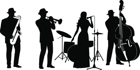 Black silhouette jazz band musicians performing with saxophone trumpet double bass drums singer © Mojammel