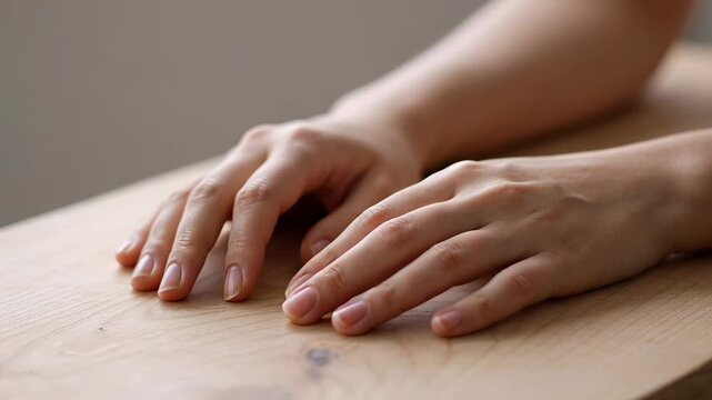?Gentle hands resting on wooden table closeup hand movement